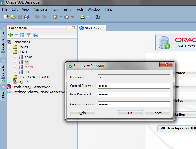 reset password oracle sql developer