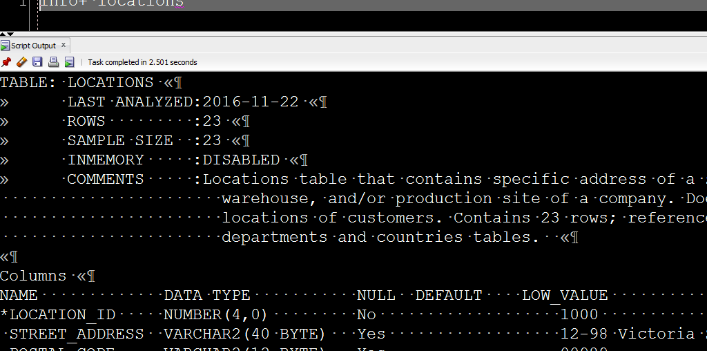 info command oracle sql developer